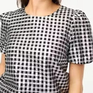 J. Crew Black and Silver Metslic  Plaid Blouse Puff Sleeves Women's Size S